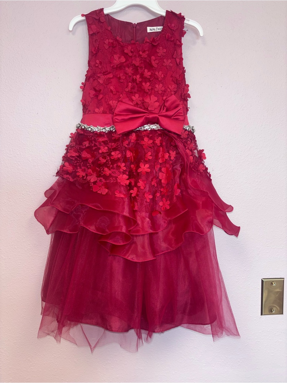 Girls' Red Floral Bow Party Dress